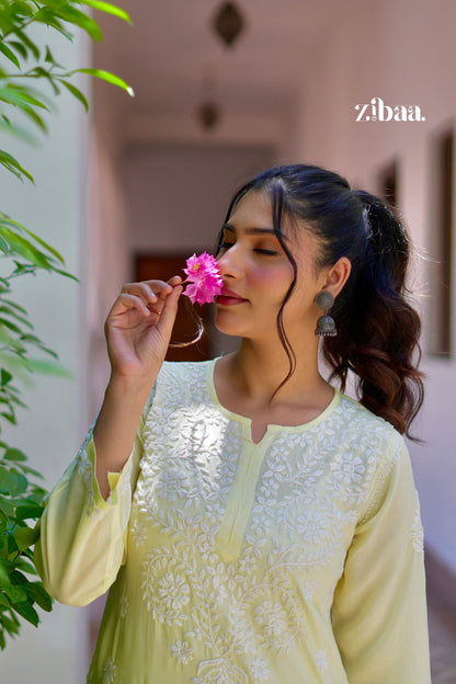 Zibaa Modal Butter Yellow Chikankari Kurta