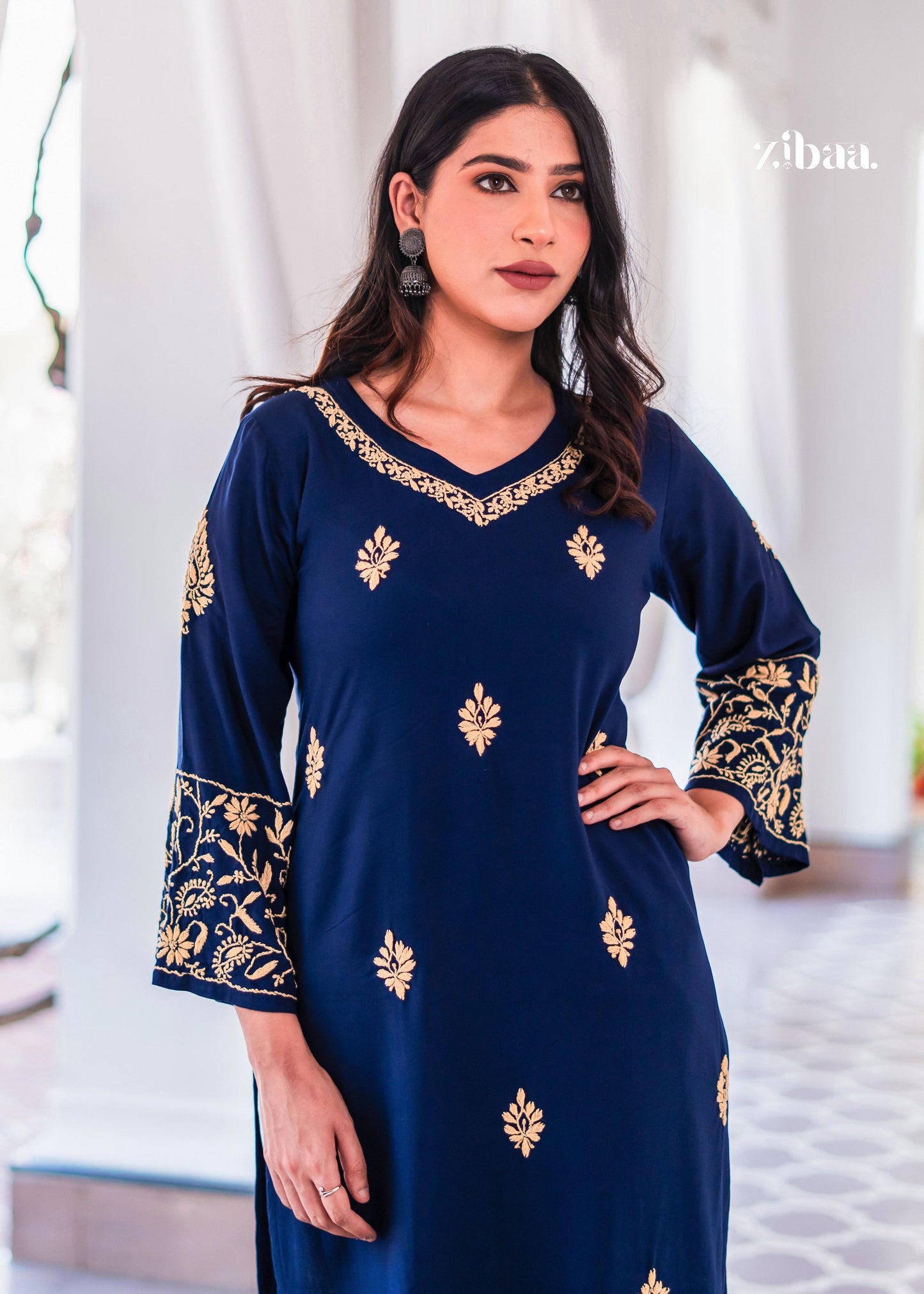 Zibaa Blue & Gold Luxury Rayon Chikankari Kurta