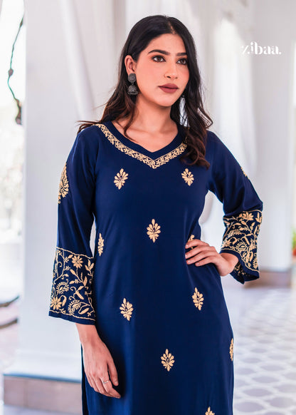 Zibaa Blue & Gold Luxury Rayon Chikankari Kurta