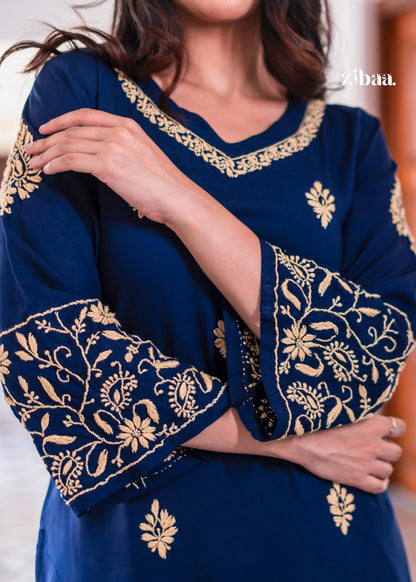 Zibaa Blue & Gold Luxury Rayon Chikankari Kurta