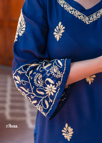 Zibaa Blue & Gold Luxury Rayon Chikankari Kurta