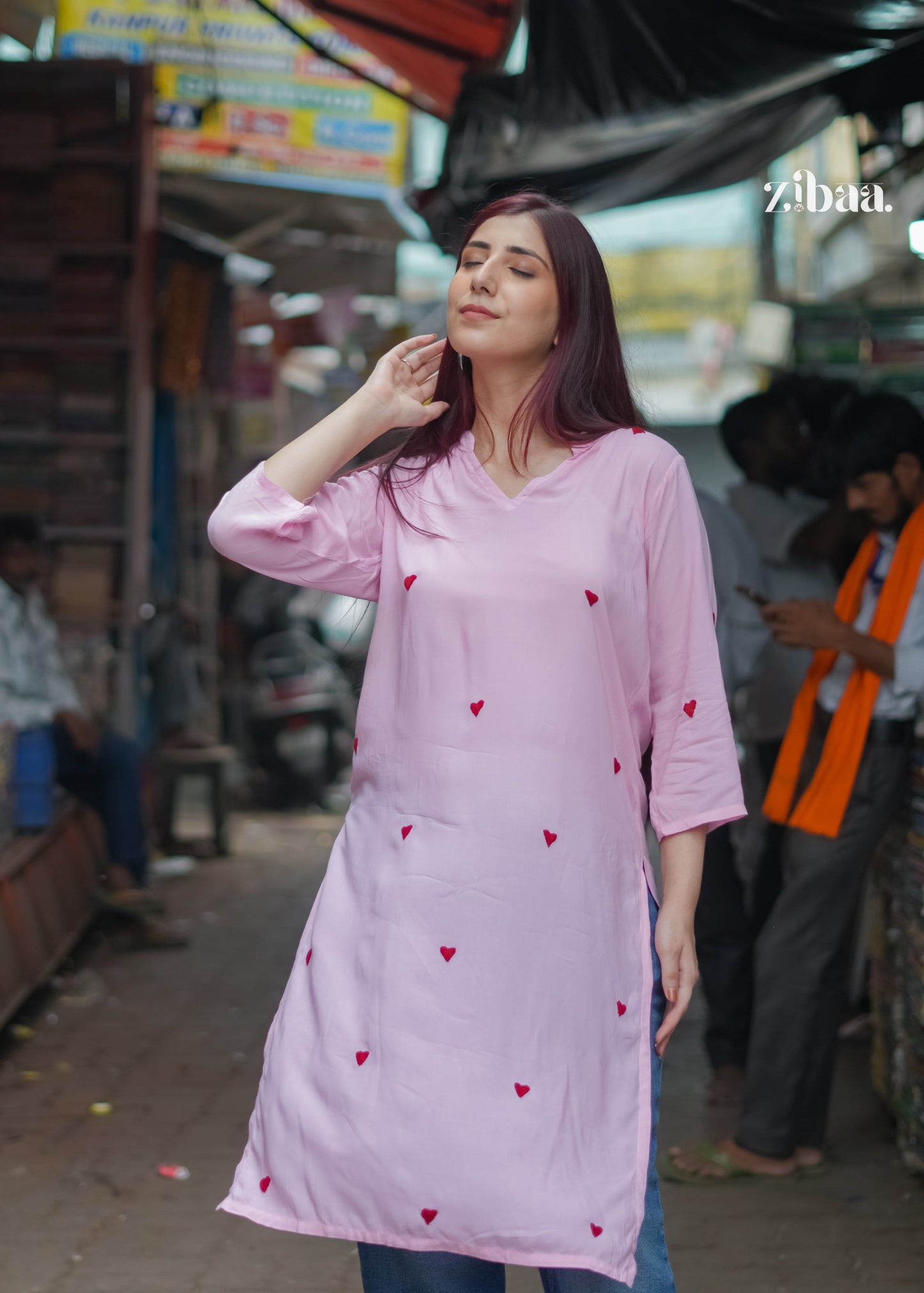 Zibaa Pink & Red Modal Chikankari Kurta