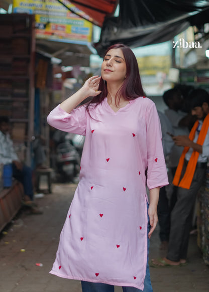 Zibaa Pink & Red Modal Chikankari Kurta