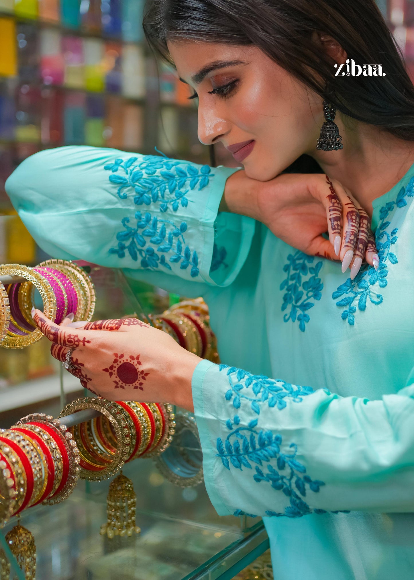 Zibaa Cyan Blue Modal Chikankari Kurta