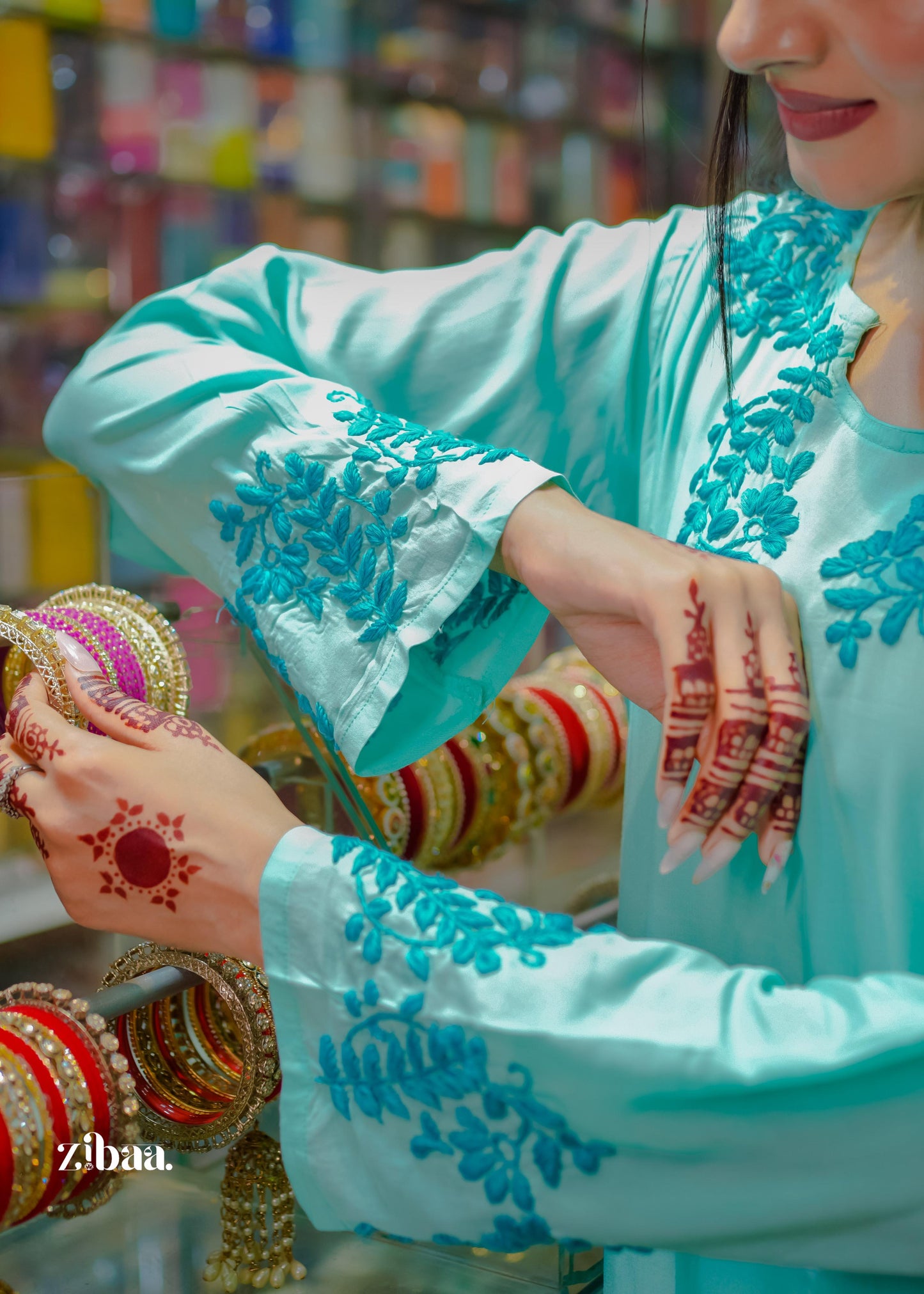 Zibaa Cyan Blue Modal Chikankari Kurta