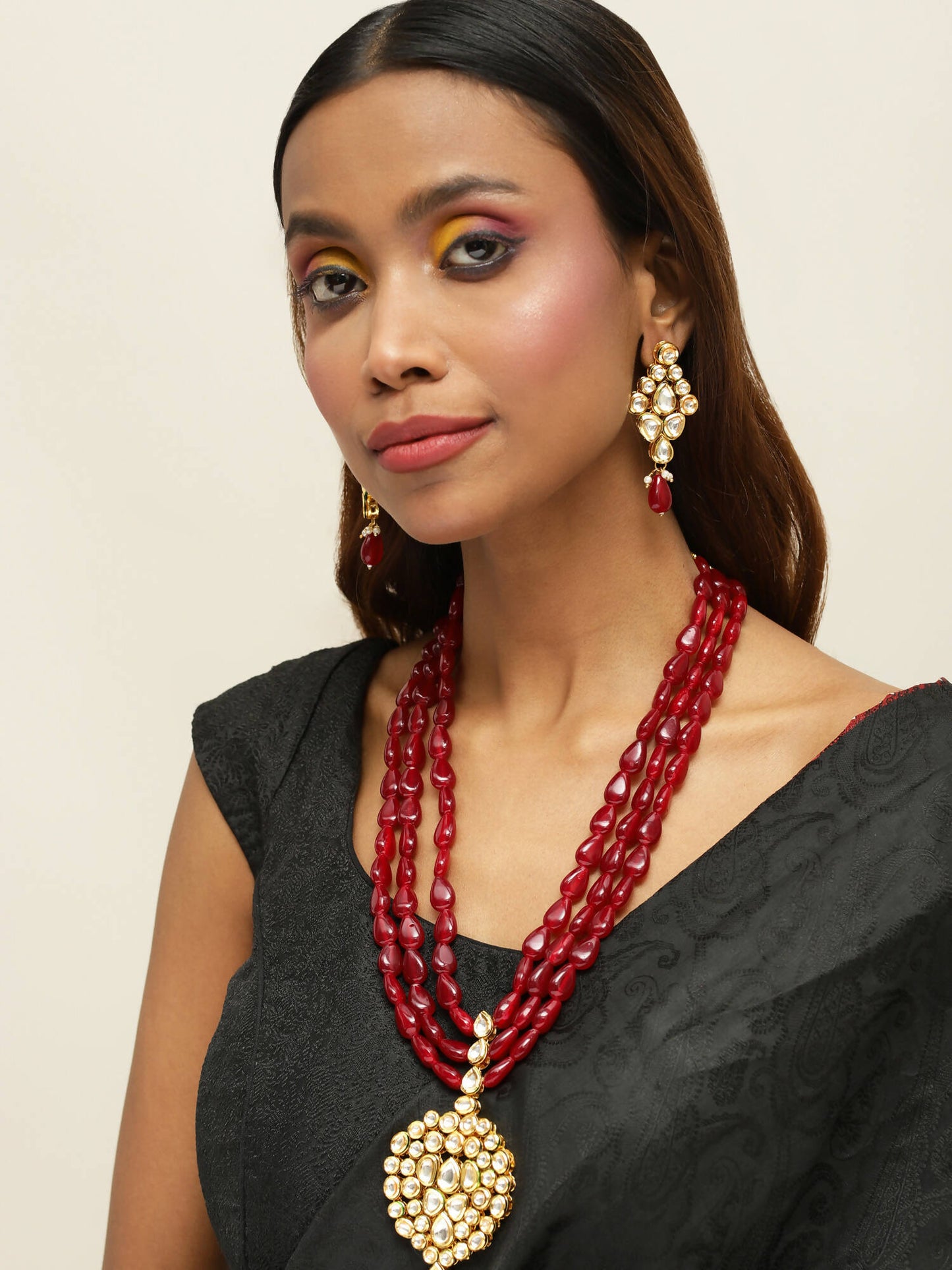 Gold-Polished White Maroon Kundan Studded Beaded Handcrafted Jewellery Set - Ruby Raang