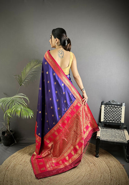 Joban Fashion Navy Blue Banarasi Soft Silk Woven Butti Saree