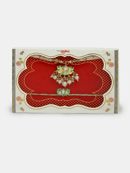 NVR Women & Men Set of 2 Green Lotus Shape Kundan-Studded & Beaded Wraparound Rakhi Set With Roli Chawal & Chocolate