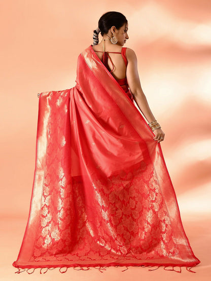 Joban Fashion Peach & Red Plain With Weaving Border Banarasi Silk Sarees