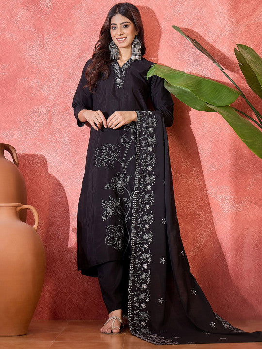 Sangria Women Floral Embroidered Silk Kurta with Trousers & Dupatta