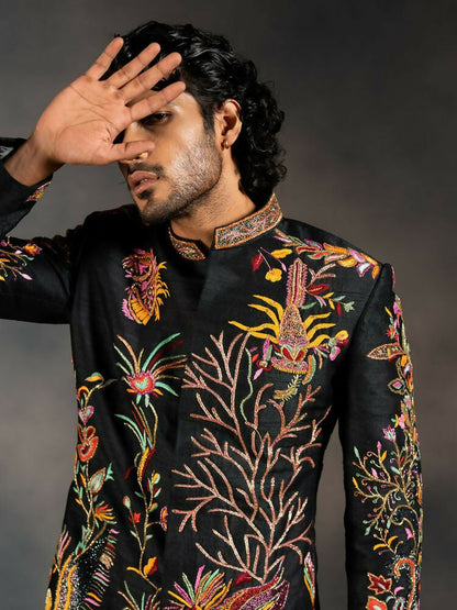 Black Tides Hand Embroidered Indowestern Sherwani by Hilo Design