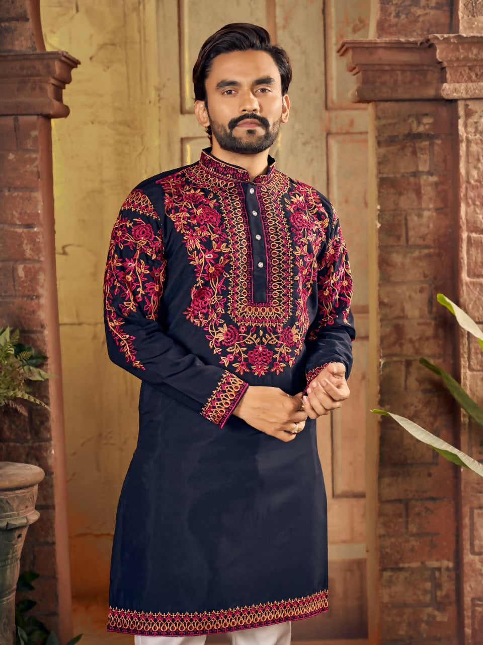 Anaita Blue Multi Thread Work Silk Straight Kurta