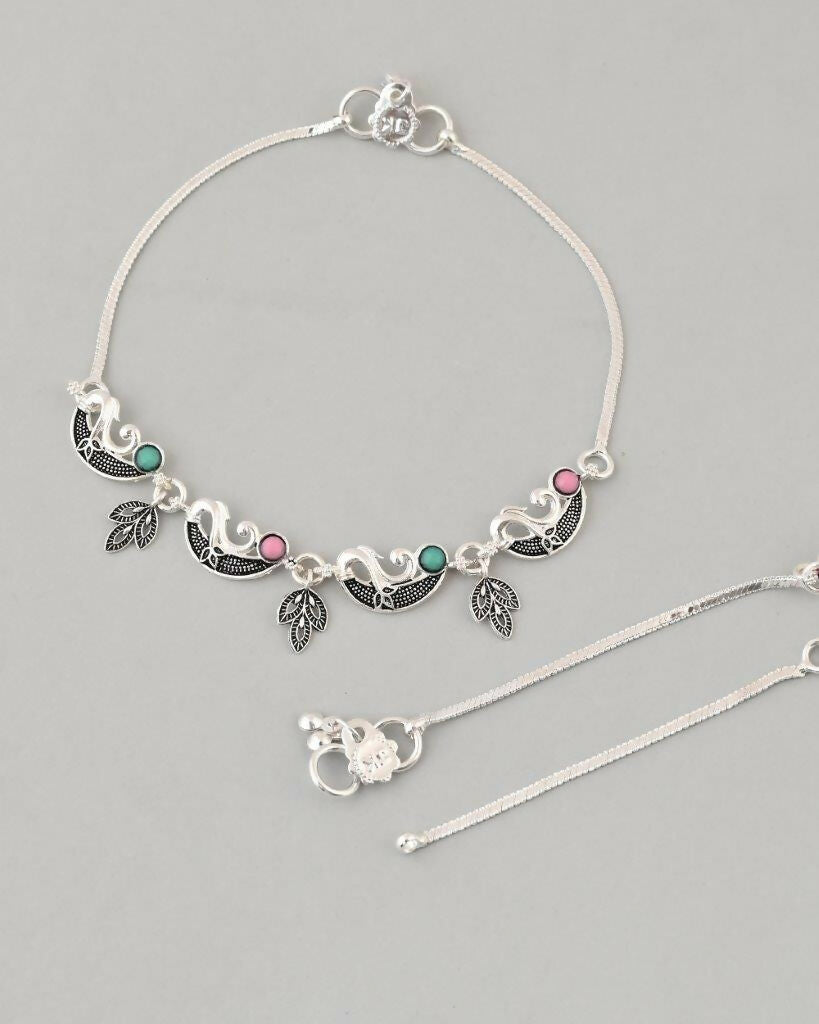 VOJ Set of 2 Silver Plated Multi Color Meenakari Anklet