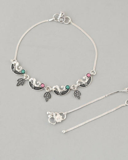 VOJ Set of 2 Silver Plated Multi Color Meenakari Anklet