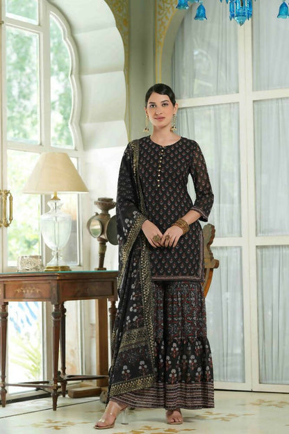 Juniper Black Georgette Festive Floral Print Straight Tunic-Sharara For Women