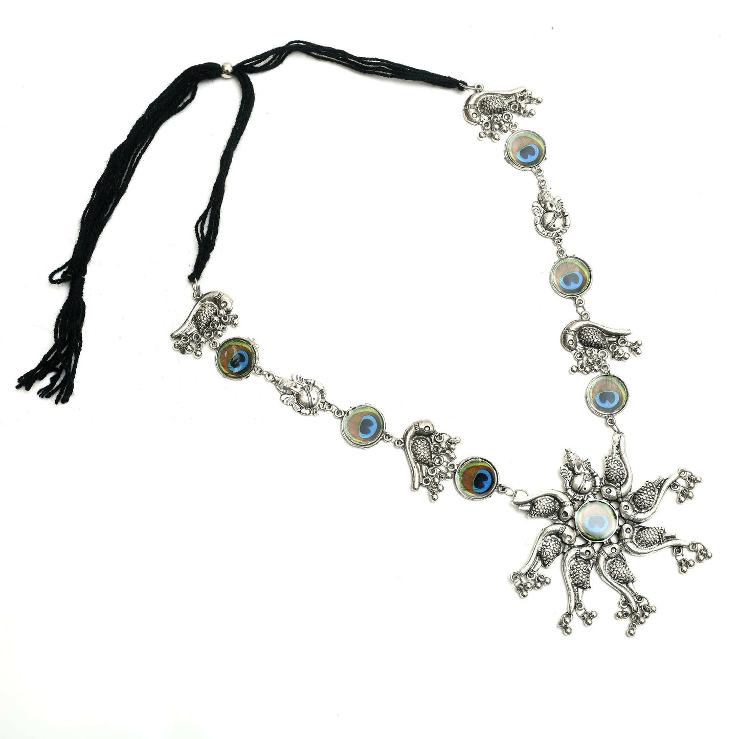 Mominos Fashion Johar Kamal Oxidised Silver-Plated Brass Finish Peacock Design Long Necklace Set For Women