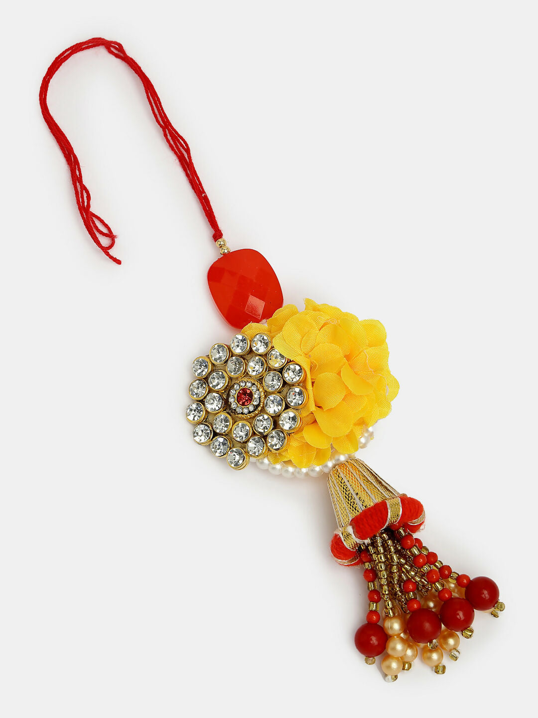 NVR Women & Men Set of 2 Red & Gold-Toned Stone-Studded & Beaded Bhaiya Bhabhi Rakhi With Roli Chawal & Chocolate