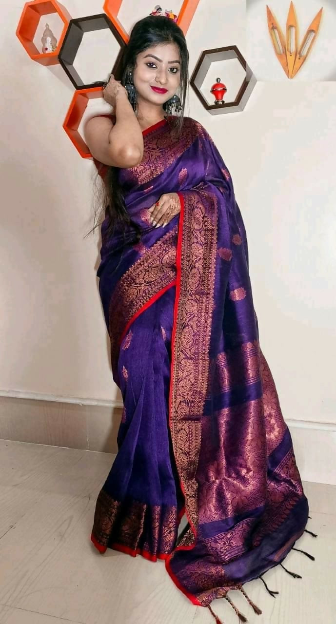 Exclusive Collection Beautiful Linen Banarashi Violet Pure Cotton Handloom Saree With Running Blouse Piece