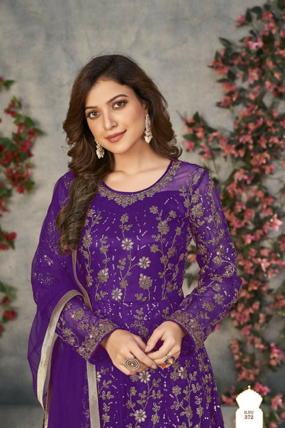 Anaita Purple Embroidered Net Stitched Anarkali suit