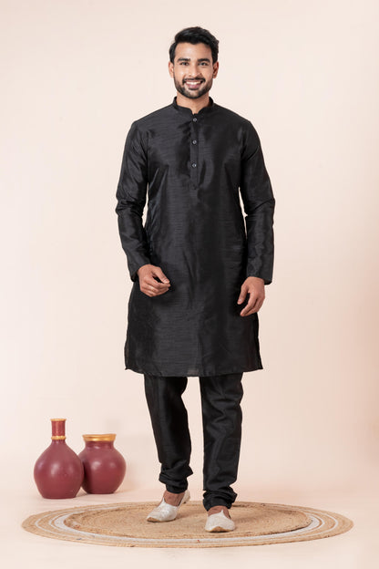 Zavaya Men Black Solid Banarasi Silk Kurta Churidar Set