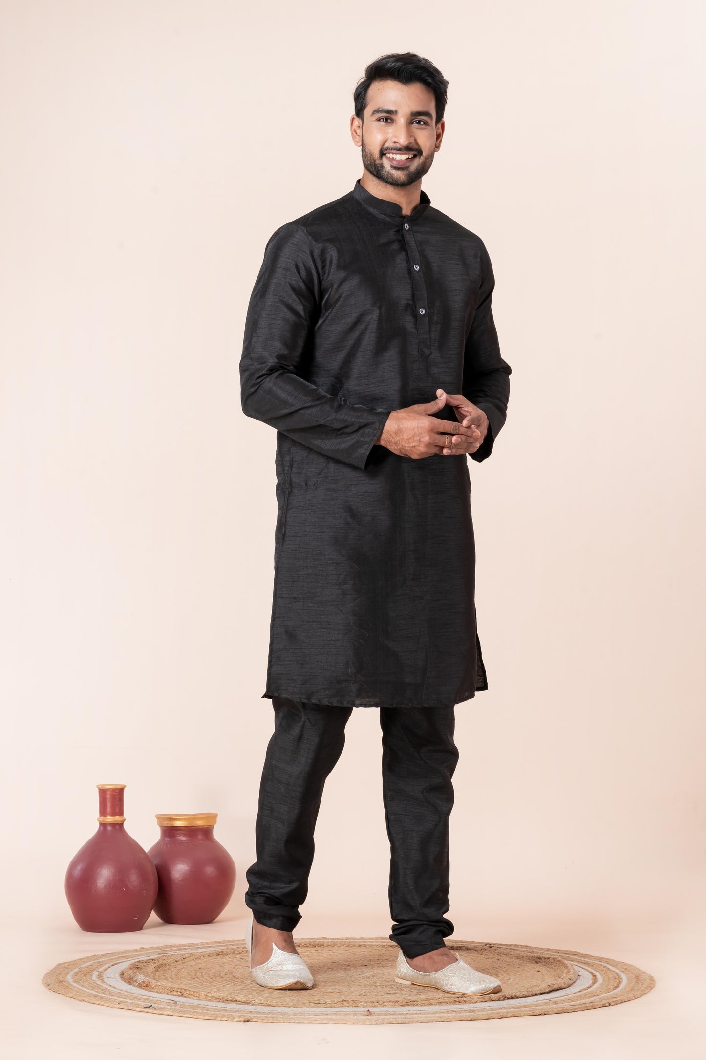 Zavaya Men Black Solid Banarasi Silk Kurta Churidar Set
