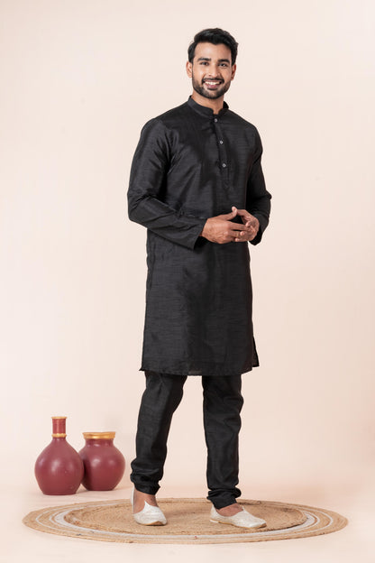Zavaya Men Black Solid Banarasi Silk Kurta Churidar Set
