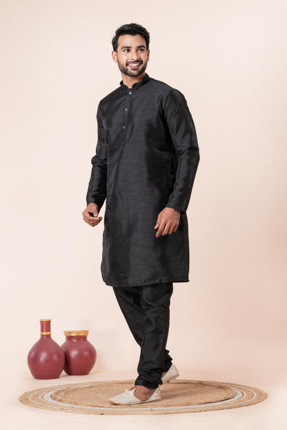 Zavaya Men Black Solid Banarasi Silk Kurta Churidar Set