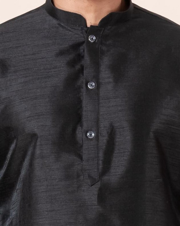 Zavaya Men Black Solid Banarasi Silk Kurta Churidar Set