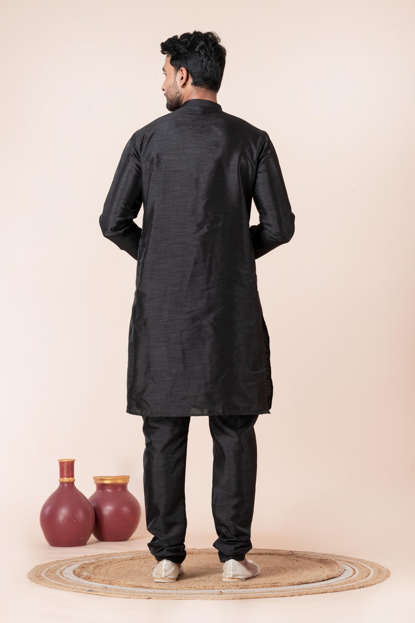 Zavaya Men Black Solid Banarasi Silk Kurta Churidar Set