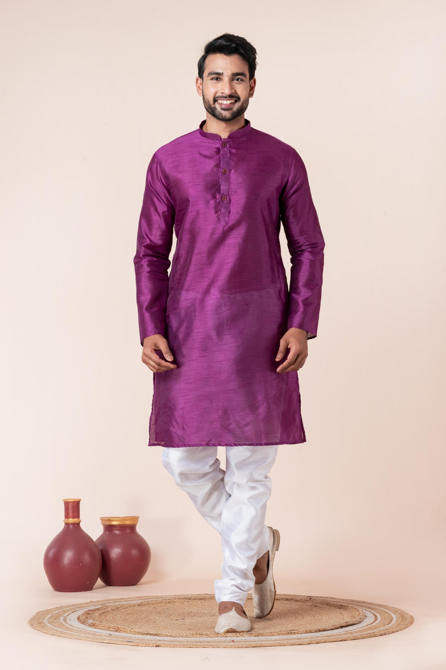 Zavaya Men Purple Solid Banarasi Silk Kurta Churidar Set
