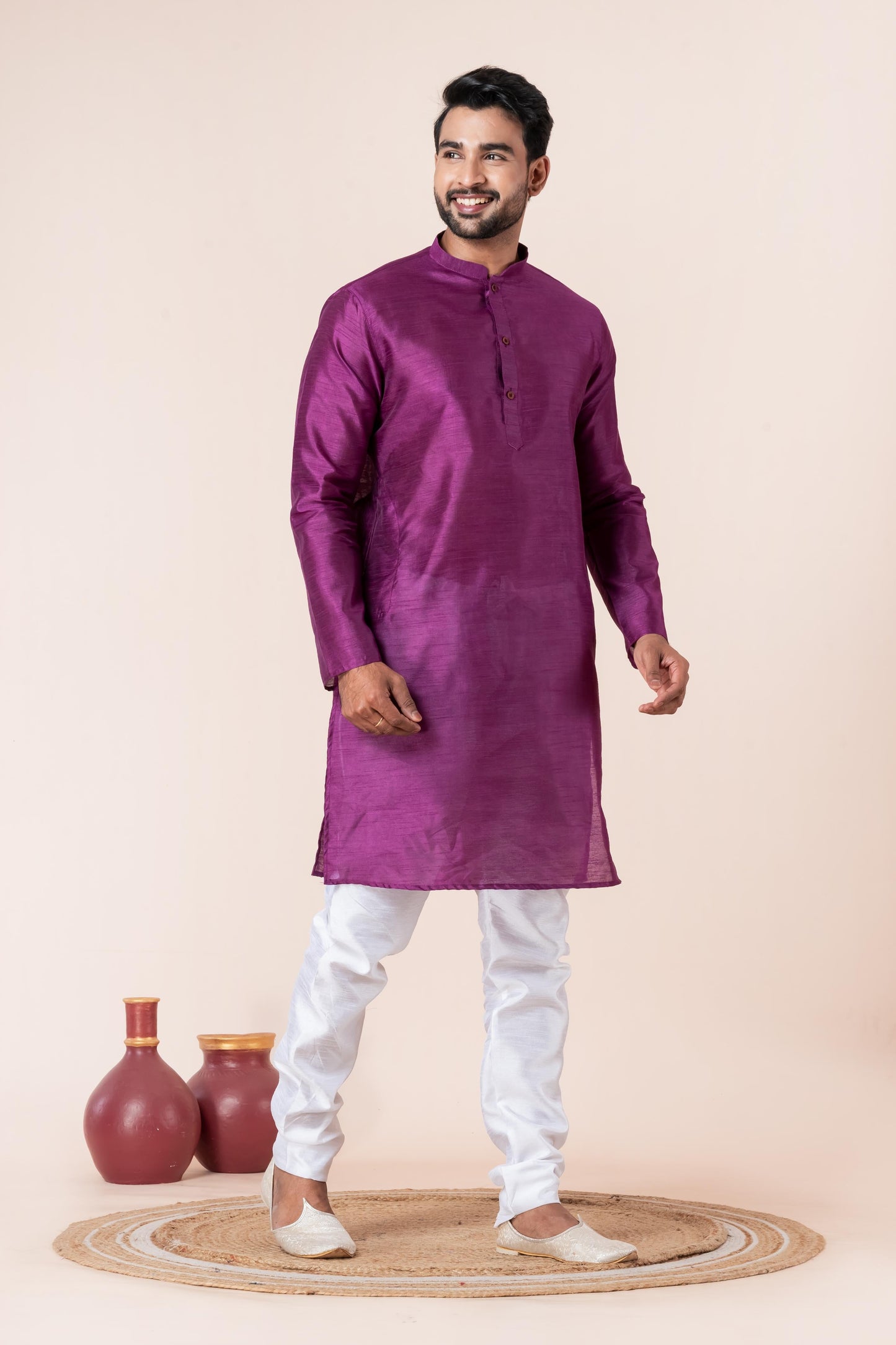 Zavaya Men Purple Solid Banarasi Silk Kurta Churidar Set