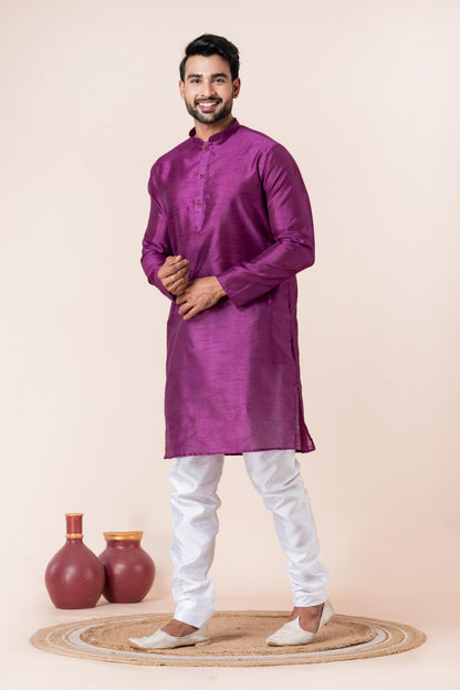 Zavaya Men Purple Solid Banarasi Silk Kurta Churidar Set