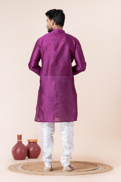 Zavaya Men Purple Solid Banarasi Silk Kurta Churidar Set
