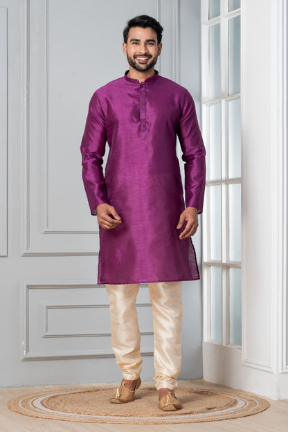 Zavaya Men Purple Solid Banarasi Silk Kurta Churidar Set
