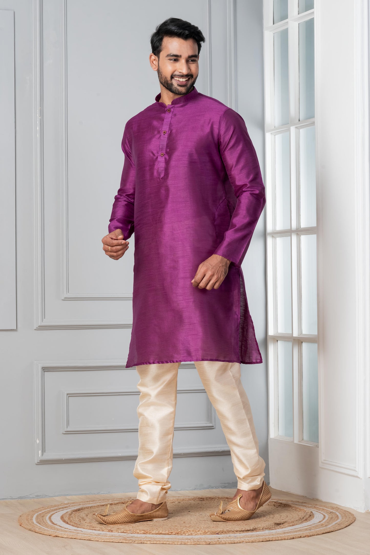 Zavaya Men Purple Solid Banarasi Silk Kurta Churidar Set