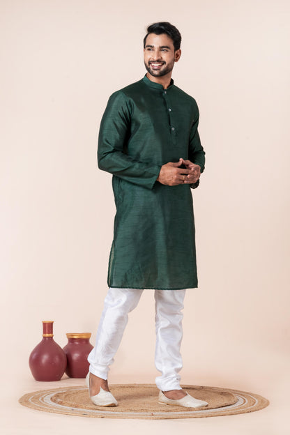Zavaya Men Dark Green Solid Banarasi Silk Kurta Churidar Set