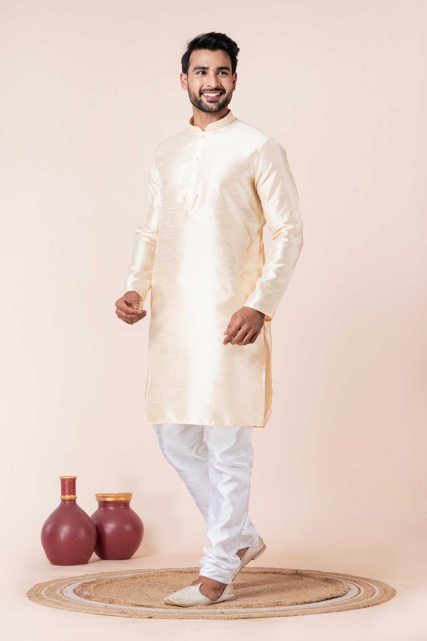 Zavaya Men Beige Solid Banarasi Silk Kurta Churidar Set