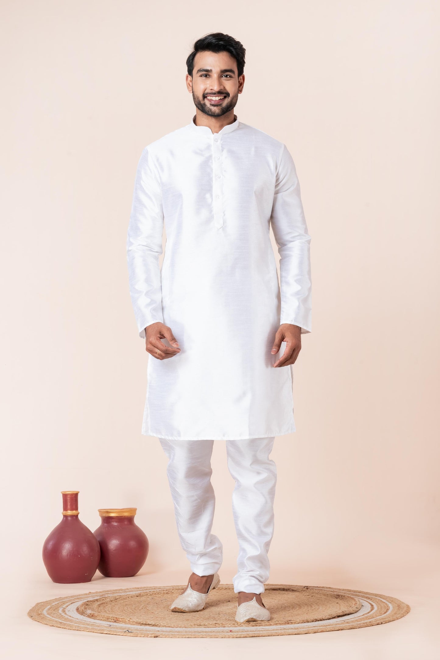 Zavaya Men White Solid Banarasi Silk Kurta Churidar Set