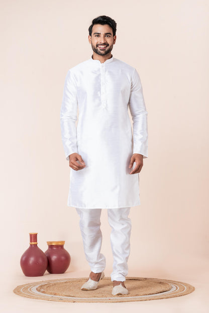 Zavaya Men White Solid Banarasi Silk Kurta Churidar Set