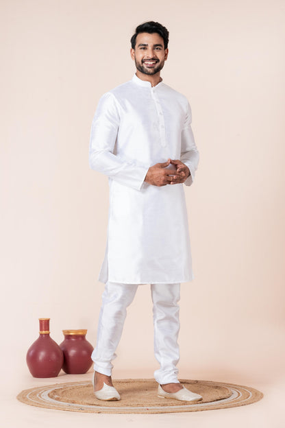 Zavaya Men White Solid Banarasi Silk Kurta Churidar Set