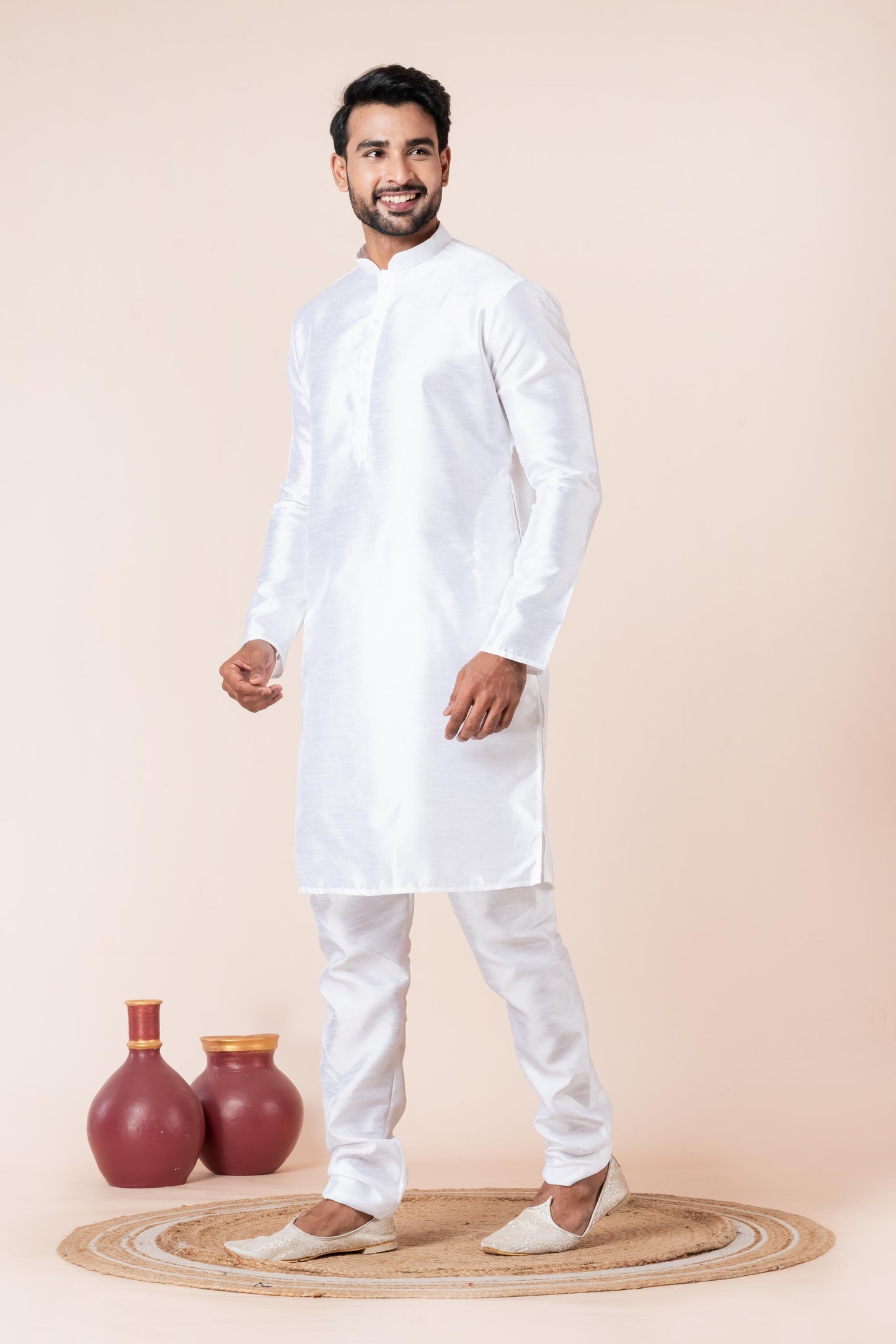 Zavaya Men White Solid Banarasi Silk Kurta Churidar Set