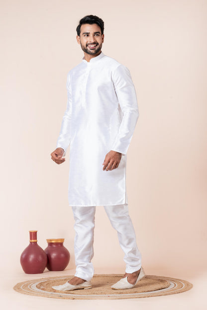 Zavaya Men White Solid Banarasi Silk Kurta Churidar Set