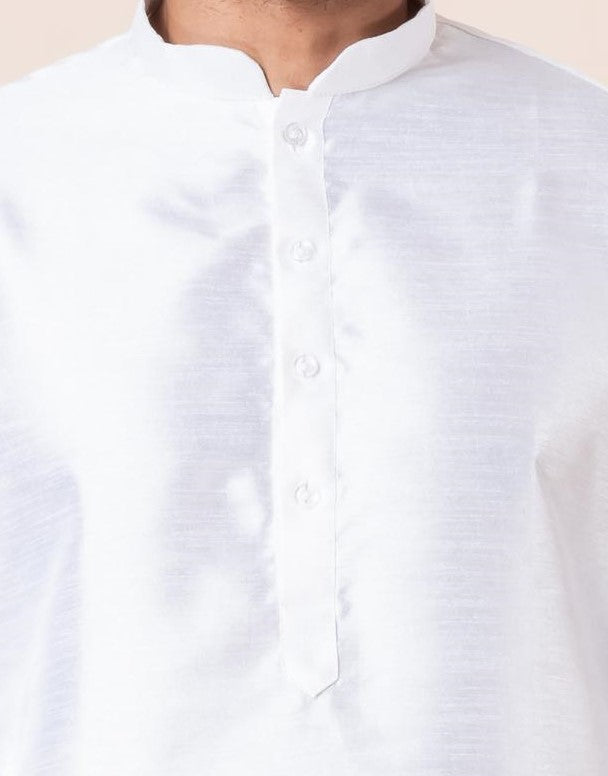 Zavaya Men White Solid Banarasi Silk Kurta Churidar Set