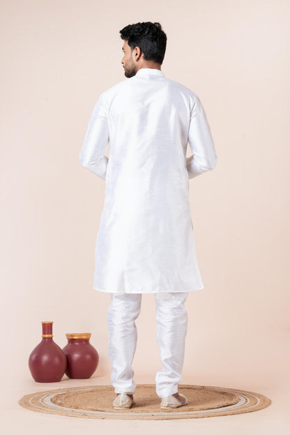 Zavaya Men White Solid Banarasi Silk Kurta Churidar Set