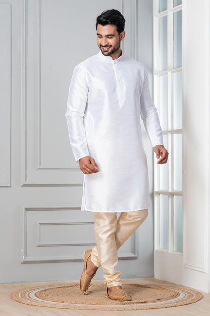 Zavaya Men White Solid Banarasi Silk Kurta Churidar Set