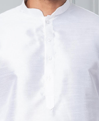 Zavaya Men White Solid Banarasi Silk Kurta Churidar Set