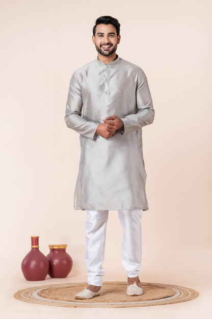 Zavaya Men Grey Solid Banarasi Silk Kurta Churidar Set