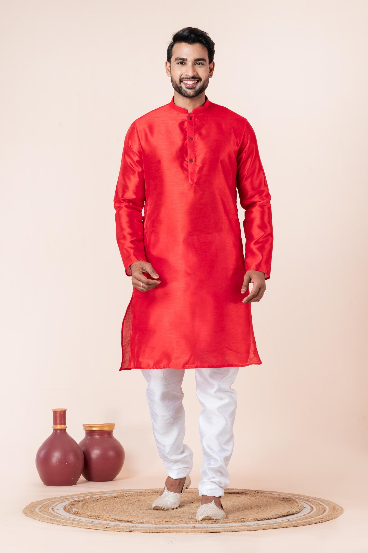 Zavaya Men Red Solid Banarasi Silk Kurta Churidar Set