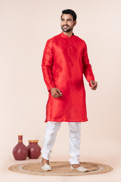 Zavaya Men Red Solid Banarasi Silk Kurta Churidar Set