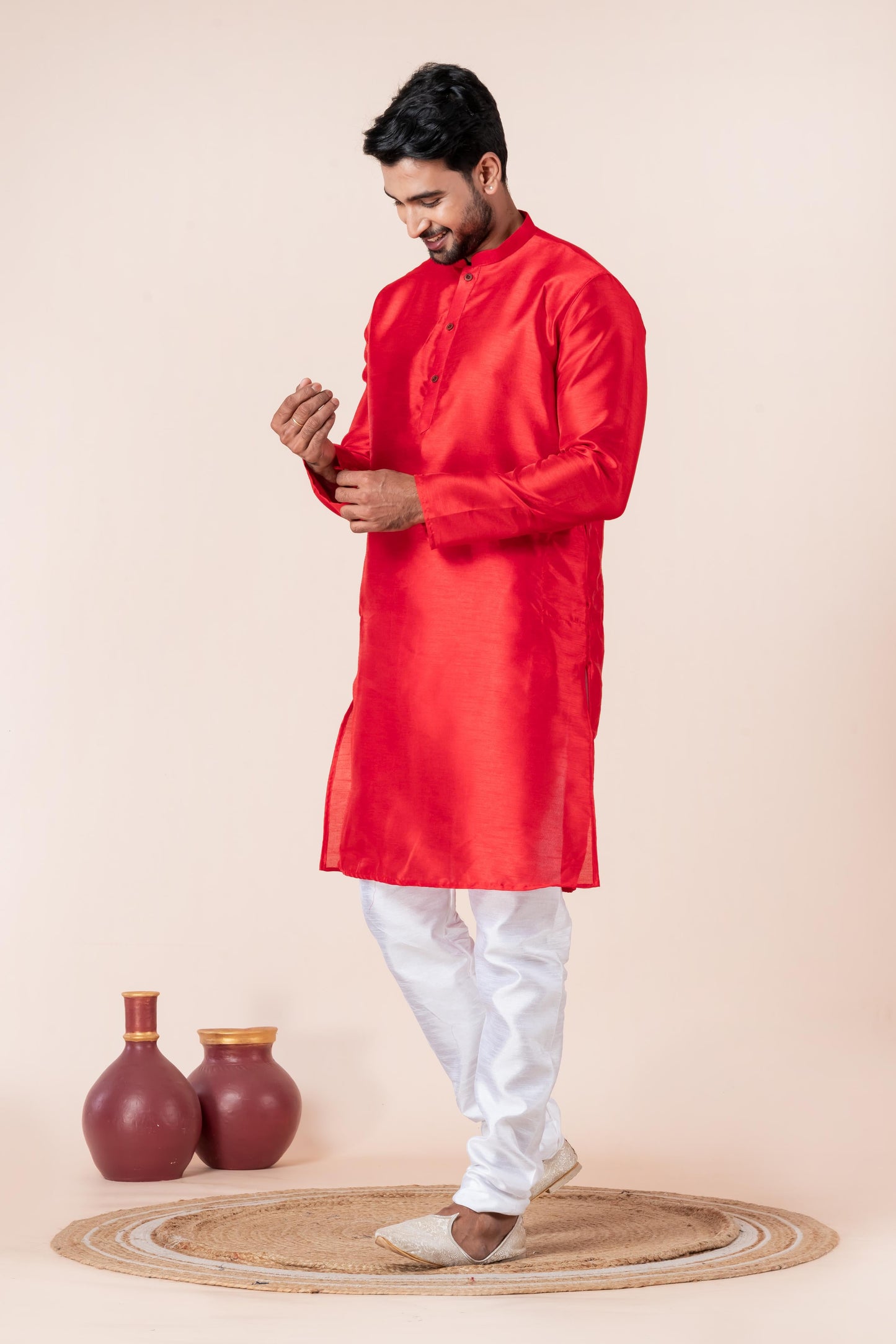 Zavaya Men Red Solid Banarasi Silk Kurta Churidar Set